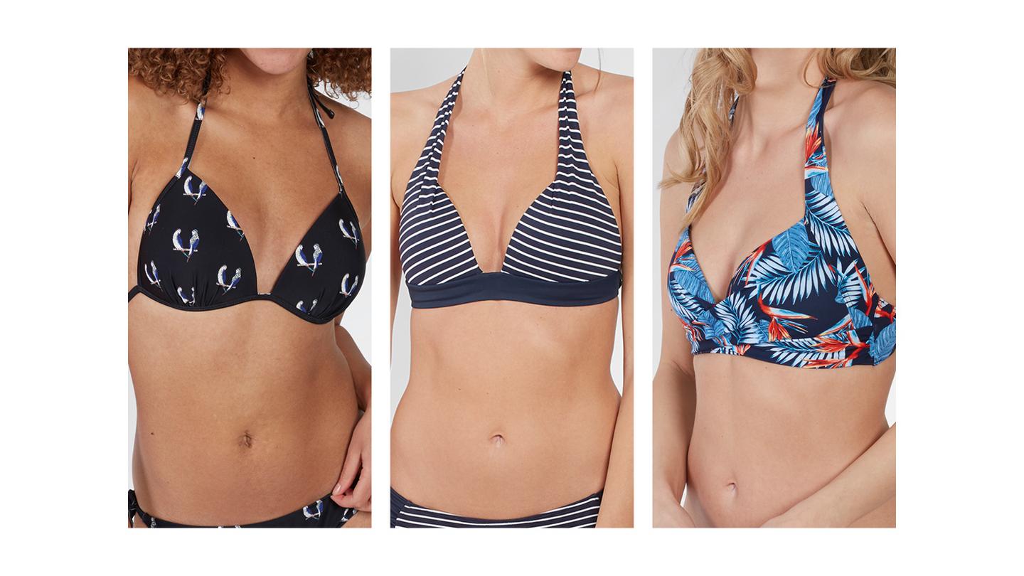 A collection of moulded cup bikini tops from FatFace